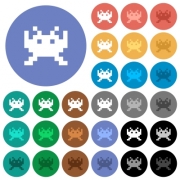 Video game multi colored flat icons on round backgrounds. Included white, light and dark icon variations for hover and active status effects, and bonus shades on black backgounds. - Video game round flat multi colored icons