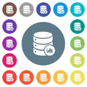 Database statistics flat white icons on round color backgrounds. 17 background color variations are included.