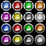 Bowling white icons in round glossy buttons with steel frames on black background. The buttons are in two different styles and eight colors. - Bowling white icons in round glossy buttons on black background