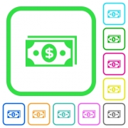Dollar banknotes vivid colored flat icons in curved borders on white background