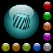 Paper stack icons in color illuminated spherical glass buttons on black background. Can be used to black or dark templates - Paper stack icons in color illuminated glass buttons