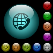 International call icons in color illuminated spherical glass buttons on black background. Can be used to black or dark templates - International call icons in color illuminated glass buttons