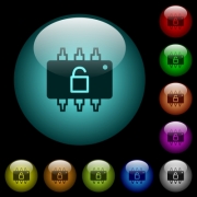 Hardware unlocked icons in color illuminated spherical glass buttons on black background. Can be used to black or dark templates