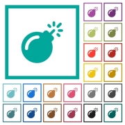 Bomb with sparkling fuse flat color icons with quadrant frames on white background - Bomb with sparkling fuse flat color icons with quadrant frames