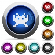 Video game icons in round glossy buttons with steel frames - Video game round glossy buttons