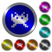 Video game icons on round luminous coin-like color steel buttons - Video game luminous coin-like round color buttons