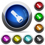 Flashlight icons in round glossy buttons with steel frames - Flashlight round glossy buttons