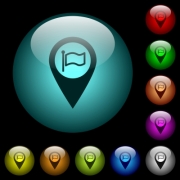 Destination GPS map location icons in color illuminated spherical glass buttons on black background. Can be used to black or dark templates - Destination GPS map location icons in color illuminated glass buttons