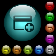 Add new credit card icons in color illuminated spherical glass buttons on black background. Can be used to black or dark templates - Add new credit card icons in color illuminated glass buttons