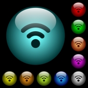 Radio signal icons in color illuminated spherical glass buttons on black background. Can be used to black or dark templates - Radio signal icons in color illuminated glass buttons