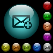 Add new mail icons in color illuminated spherical glass buttons on black background. Can be used to black or dark templates - Add new mail icons in color illuminated glass buttons