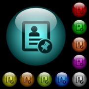 Contact pin icons in color illuminated spherical glass buttons on black background. Can be used to black or dark templates - Contact pin icons in color illuminated glass buttons
