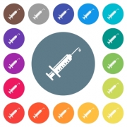 Syringe with drop flat white icons on round color backgrounds. 17 background color variations are included. - Syringe with drop flat white icons on round color backgrounds - Large thumbnail