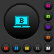Laptop with Bitcoin sign dark push buttons with vivid color icons on dark grey background - Laptop with Bitcoin sign dark push buttons with color icons