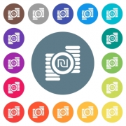 Israeli new Shekel coins flat white icons on round color backgrounds. 17 background color variations are included. - Israeli new Shekel coins flat white icons on round color backgrounds