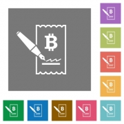Signing Bitcoin cheque flat icons on simple color square backgrounds - Signing Bitcoin cheque square flat icons