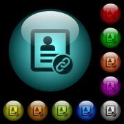 Contact attach icons in color illuminated spherical glass buttons on black background. Can be used to black or dark templates - Contact attach icons in color illuminated glass buttons