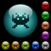 Video game icons in color illuminated spherical glass buttons on black background. Can be used to black or dark templates - Video game icons in color illuminated glass buttons