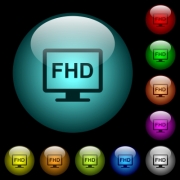 Full HD display icons in color illuminated spherical glass buttons on black background. Can be used to black or dark templates - Full HD display icons in color illuminated glass buttons - Large thumbnail