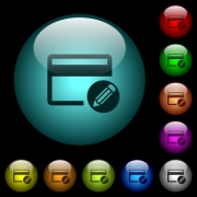 Edit credit card icons in color illuminated spherical glass buttons on black background. Can be used to black or dark templates - Edit credit card icons in color illuminated glass buttons - Large thumbnail