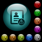 Contact warning icons in color illuminated spherical glass buttons on black background. Can be used to black or dark templates - Contact warning icons in color illuminated glass buttons