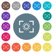 Camera brightness setting flat white icons on round color backgrounds. 17 background color variations are included. - Camera brightness setting flat white icons on round color backgrounds - Large thumbnail