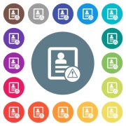 Contact warning flat white icons on round color backgrounds. 17 background color variations are included. - Contact warning flat white icons on round color backgrounds