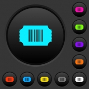 Ticket with barcode dark push buttons with vivid color icons on dark grey background - Ticket with barcode dark push buttons with color icons