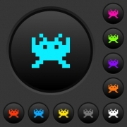 Video game dark push buttons with vivid color icons on dark grey background - Video game dark push buttons with color icons