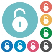 Unlocked round padlock with keyhole flat white icons on round color backgrounds