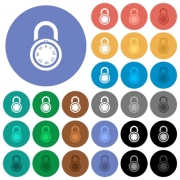 Locked round combination lock multi colored flat icons on round backgrounds. Included white, light and dark icon variations for hover and active status effects, and bonus shades. - Locked round combination lock round flat multi colored icons - Large thumbnail