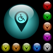 Disability accessibility GPS map location icons in color illuminated spherical glass buttons on black background. Can be used to black or dark templates - Disability accessibility GPS map location icons in color illuminated glass buttons