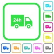 24 hour delivery truck vivid colored flat icons in curved borders on white background - 24 hour delivery truck vivid colored flat icons