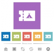 Camping discount coupon flat white icons in square backgrounds. 6 bonus icons included. - Camping discount coupon flat white icons in square backgrounds