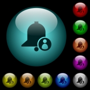User reminder icons in color illuminated spherical glass buttons on black background. Can be used to black or dark templates - User reminder icons in color illuminated glass buttons