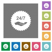 24 hours seven service sticker flat icons on simple color square backgrounds - 24 hours seven service sticker square flat icons