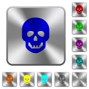 Human skull engraved icons on rounded square glossy steel buttons - Human skull rounded square steel buttons