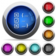 Source code checking icons in round glossy buttons with steel frames - Source code checking round glossy buttons