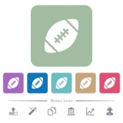Rugby ball white flat icons on color rounded square backgrounds. 6 bonus icons included - Rugby ball flat icons on color rounded square backgrounds