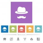 Incognito with mustache flat white icons in square backgrounds. 6 bonus icons included. - Incognito with mustache flat white icons in square backgrounds