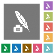 Feather and ink bottle with label flat icons on simple color square backgrounds - Feather and ink bottle with label square flat icons