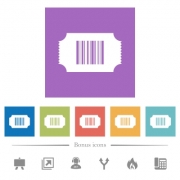 Ticket with barcode flat white icons in square backgrounds. 6 bonus icons included. - Ticket with barcode flat white icons in square backgrounds