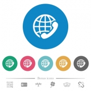 International call flat white icons on round color backgrounds. 6 bonus icons included. - International call flat round icons