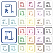 Scroll with certificate on left color flat icons in rounded square frames. Thin and thick versions included.