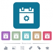 Schedule settings white flat icons on color rounded square backgrounds. 6 bonus icons included - Schedule settings flat icons on color rounded square backgrounds