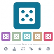 Dice five white flat icons on color rounded square backgrounds. 6 bonus icons included - Dice five flat icons on color rounded square backgrounds