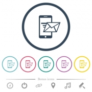 Sending email from mobile phone flat color icons in round outlines. 6 bonus icons included. - Sending email from mobile phone flat color icons in round outlines