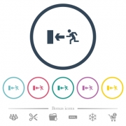 Exit sign flat color icons in round outlines. 6 bonus icons included. - Exit sign flat color icons in round outlines