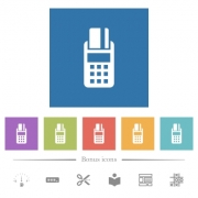 POS terminal flat white icons in square backgrounds. 6 bonus icons included. - POS terminal flat white icons in square backgrounds