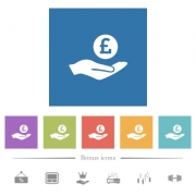 Pound earnings flat white icons in square backgrounds. 6 bonus icons included. - Pound earnings flat white icons in square backgrounds